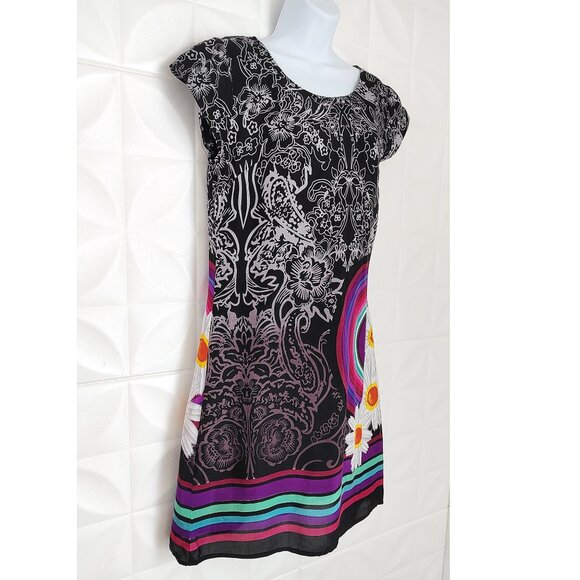 Rainbow Daisy Flower Black Dress Lined Boho Midi Short Sleeve M - Picture 12 of 13